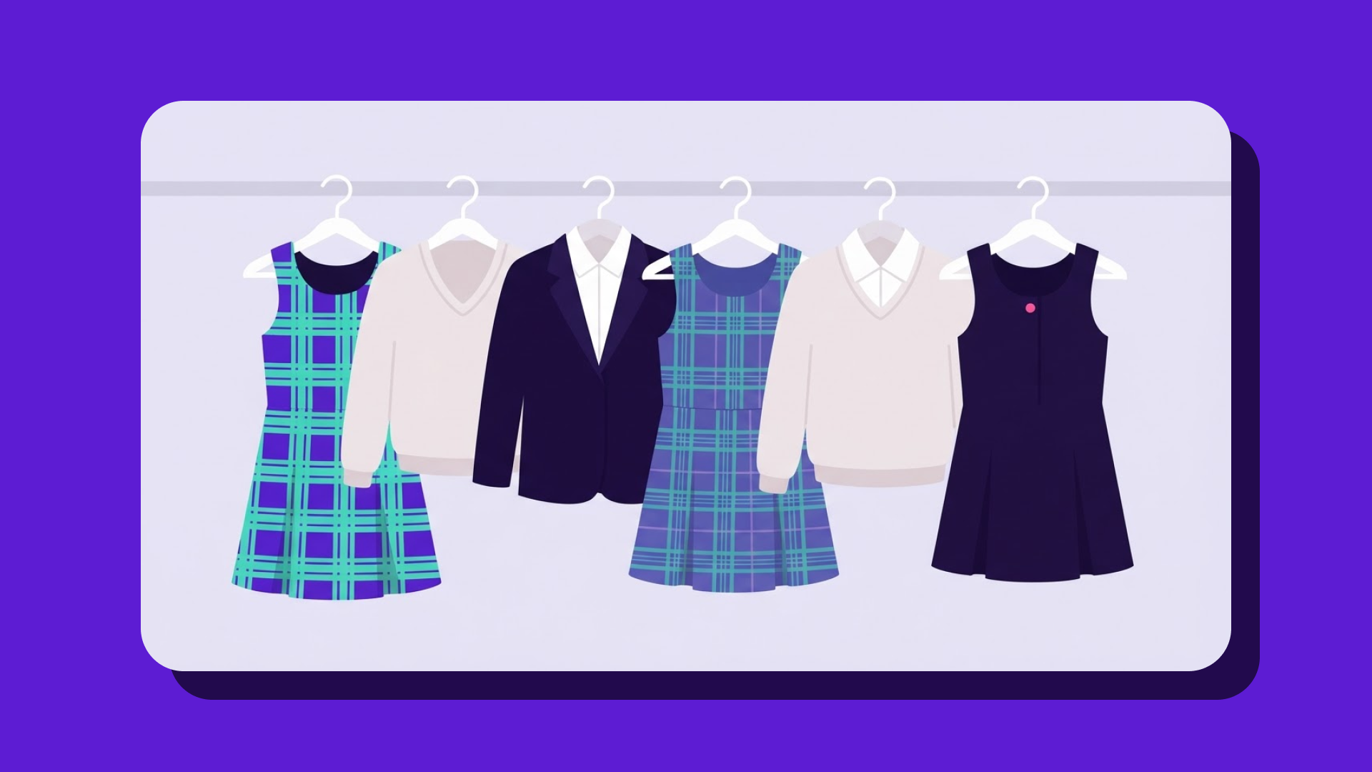 UK school uniform items in Updraft brand colours hanging on a rail: pinafore dresses, jumpers, a blazer, and collared shirts